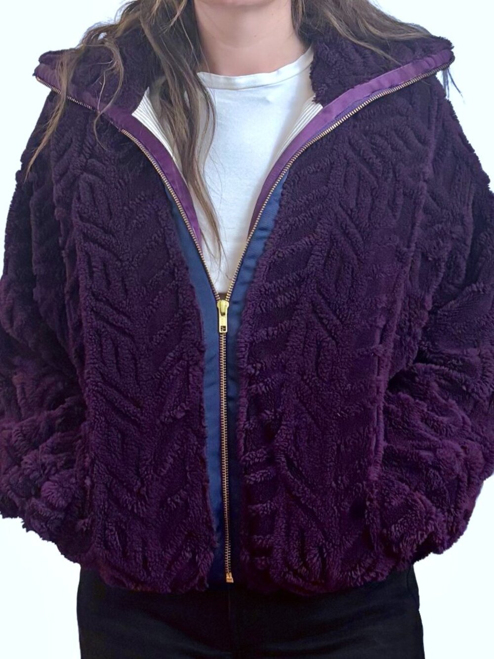 Pilcro at Anthropologie Textured Faux Fur Jacket, Royal Purple, Size Medium - Picture 2 of 11